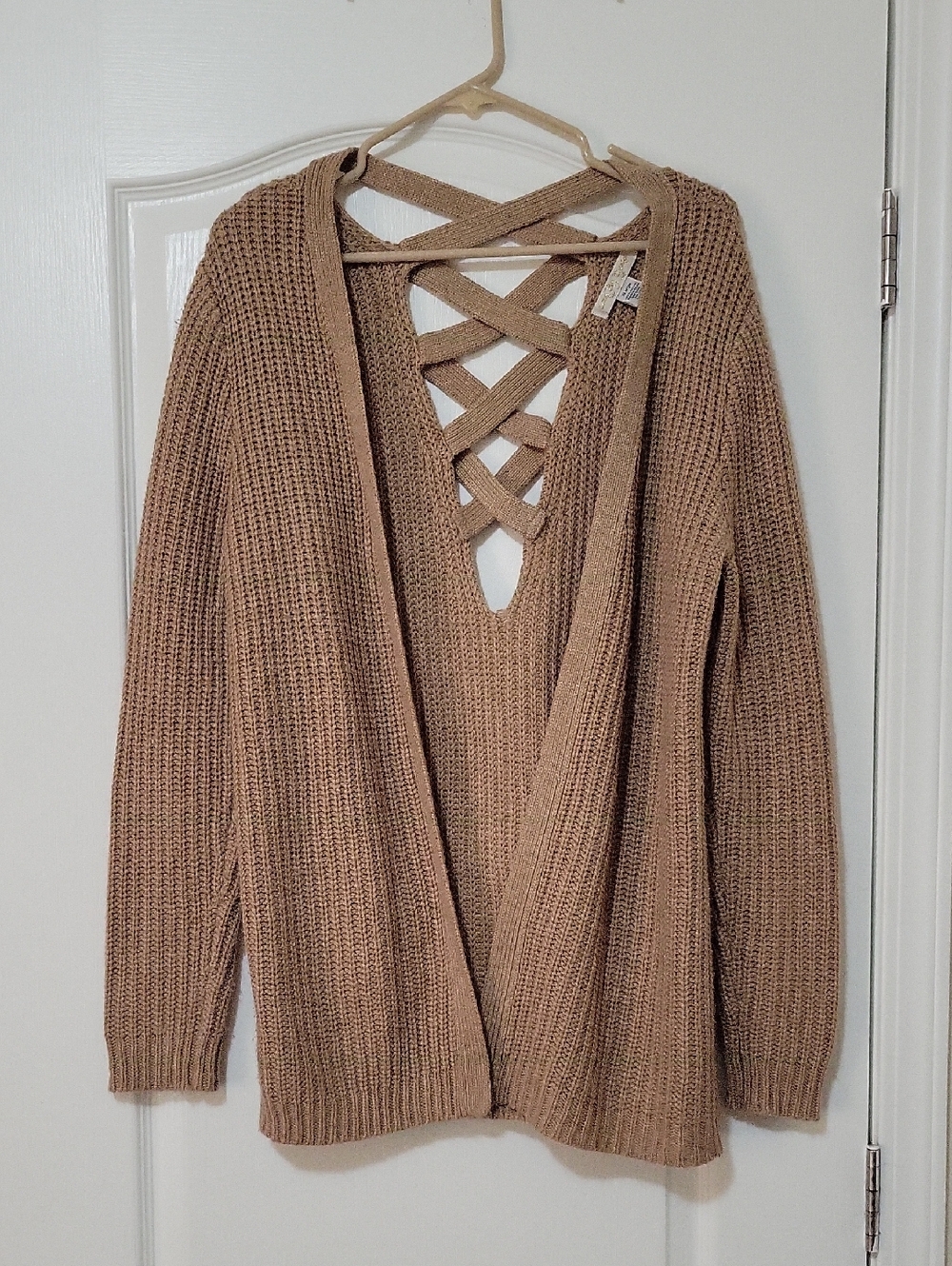 Love By Design Crisscross Back Open-Front Cardigan - Tan